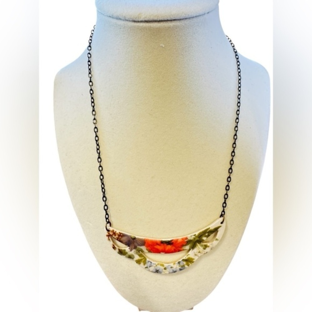 Porcelain Floral Necklace with Orange Blue Accents Vintage 3/$25